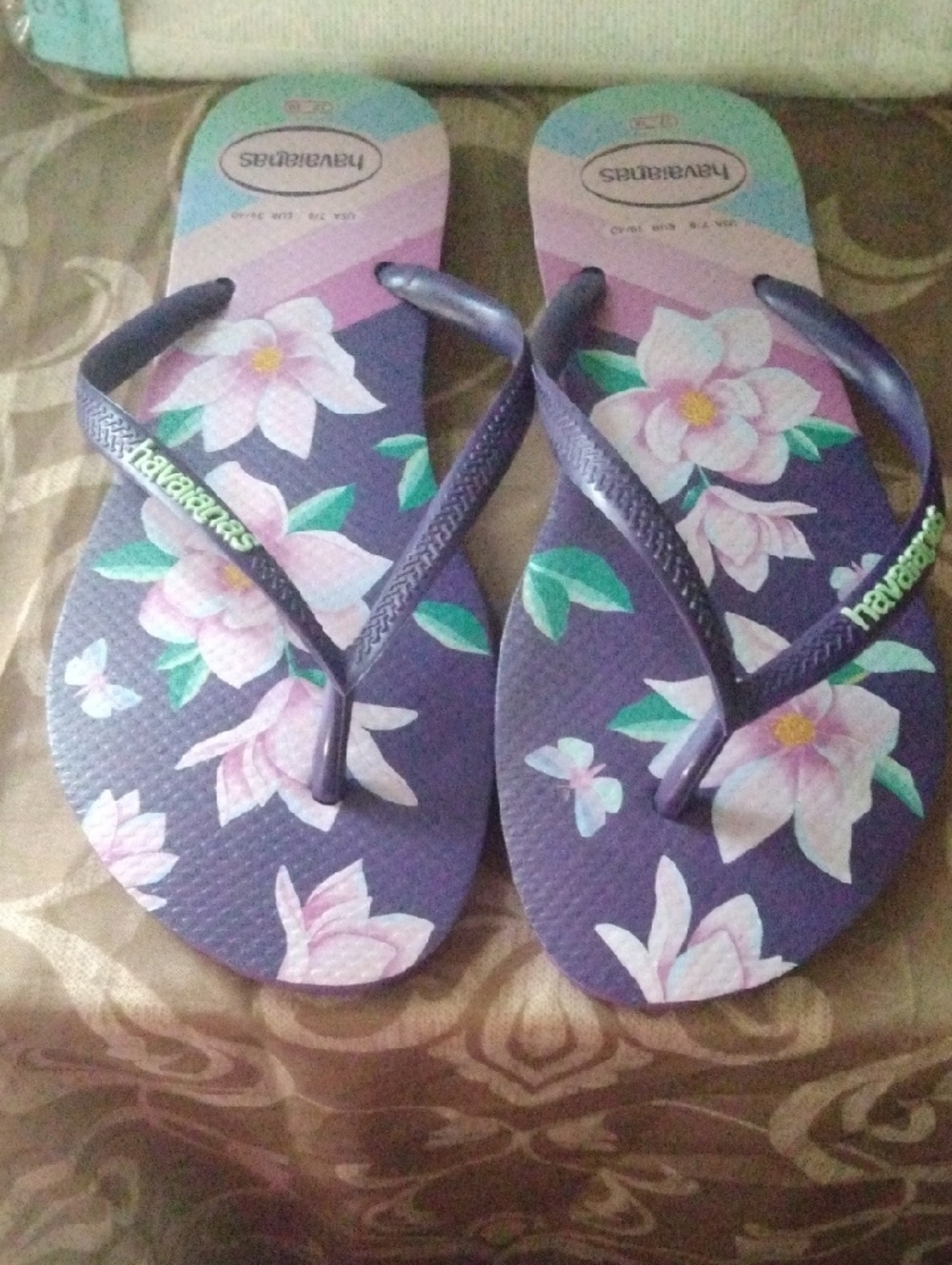 Havaianas Purple Flip Flops with Pink Floral Print